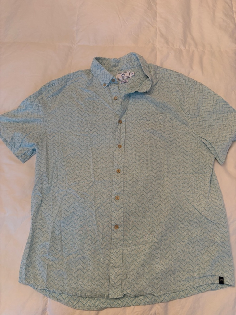 Southern Tide Linen Blend Short Sleeve Button Down - Blue Pattern Size XL